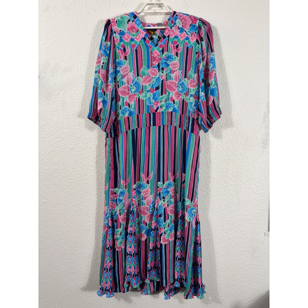 Mayeelok Maxi Dress Womens Large Multicolor Vintage Boho Sheer Stripe Floral‎